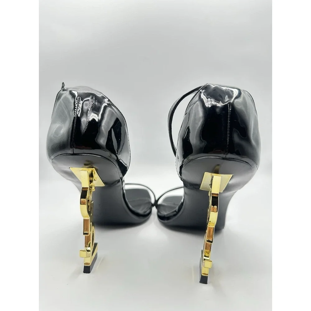 YSL Yves Saint Laurent Black Patent Ankle Strap Sandals Gold Logo Heel Size